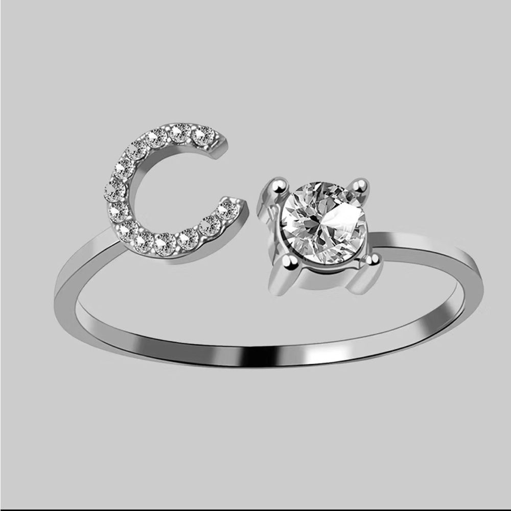 Letter C Adjustable One Size Silver Ring w. Rhinestones